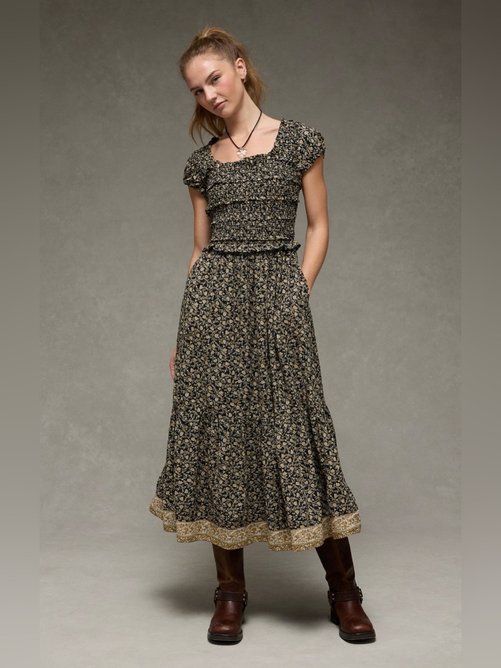 NWT American Eagle Outfitters Black Floral Midi Dress - Sz XS